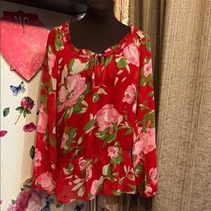 New York & Company red, pink and green floral sheer long sleeve blouse. Size S.